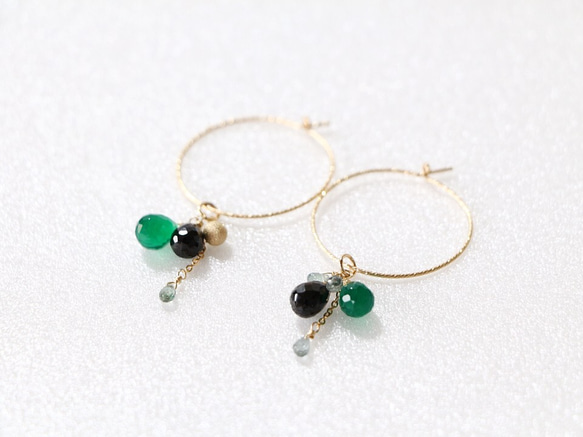 14kgf-green onyx&sapphire glitter hoop耳環/可換耳夾Plz let us know 第6張的照片