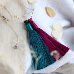 14kgf-Silky tassel 項鍊(adjustable chain)dark green×bibid pink 第9張的照片