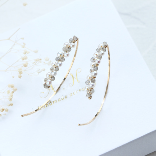 14kgf- ラブラドライト&パール マーキスピアス ピアス（フック 