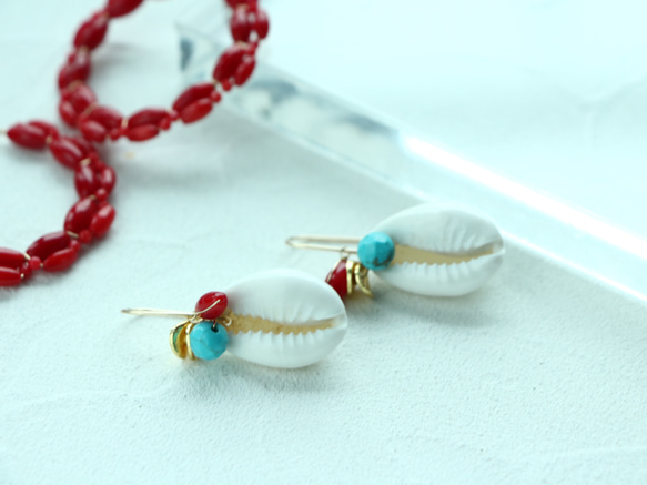 14kgf- turquoise and coral shell 耳針 第8張的照片