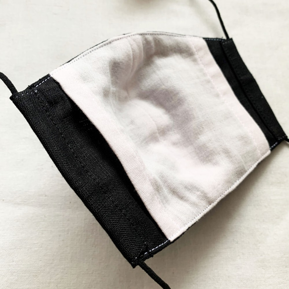 夏マスク 冷感接触生地 日本製コットン×リネン　ダブルガーゼ　マスク　ブラック　専用フィルターポケット付き 3枚目の画像
