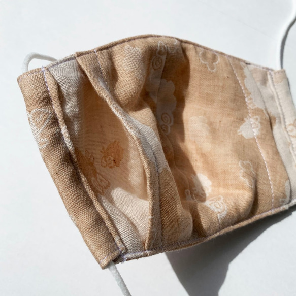高機能マスク　日本製オーガニコットン　ダブルガーゼ　マスク　クリーム×ベージュ　羊　専用フィルターポケット付き 3枚目の画像