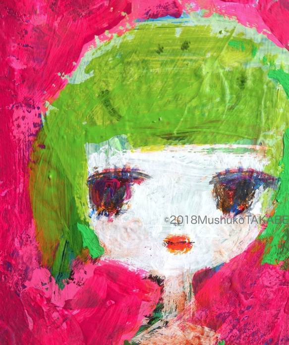 〈天使が来たのです〉#原画 #一点物 #アート #幸せ #女の子 #ピンクとライムグリーンは天使の色 3枚目の画像