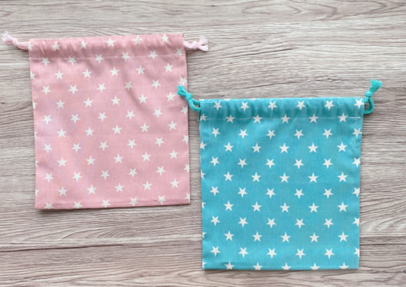 【給食袋】ピンクとミントのお揃い星柄　巾着袋　2点セット 3枚目の画像