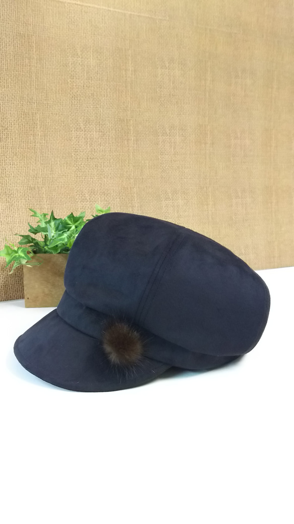 エクセーヌ キャスケット型 ミンク飾り付 レディース婦人帽子 M 黒色 2枚目の画像