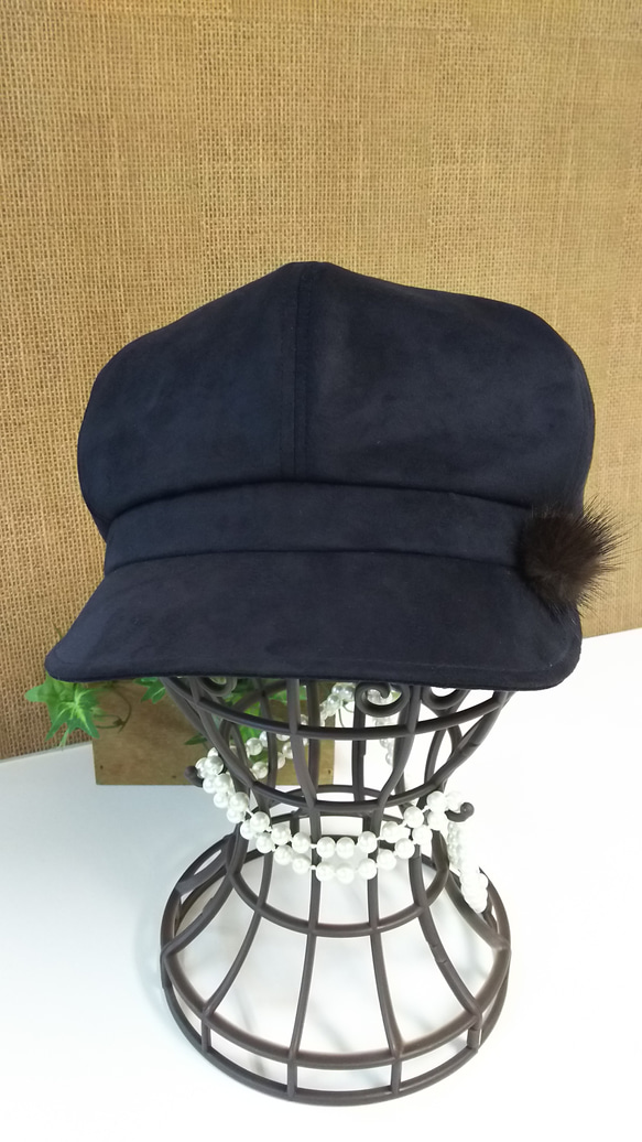 エクセーヌ キャスケット型 ミンク飾り付 レディース婦人帽子 M 黒色 4枚目の画像