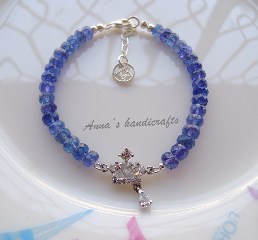 [アンナ]ハンドメイドショップは慎重に選択された天然の宝石青紫色タンザナイト＆925マイクロパヴェCZダイヤモンドの王冠の宝石の