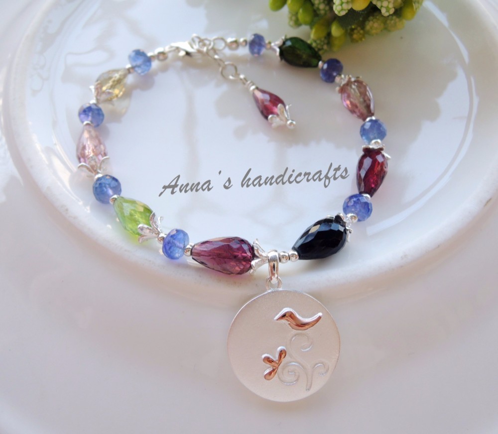 [アンナ]ハンドメイドショップ厳選された天然のグルメキャンディ春の派手なガラス質のトルマリンの深い紫色のタンザナイト＆925銀線