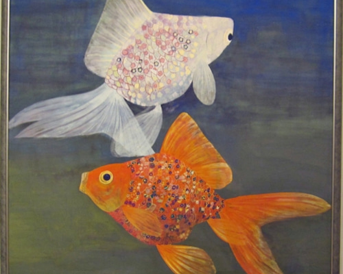 【真作】掛軸　金魚図　優雅に泳ぐ赤金魚　日本画　涼やかな筆致　合箱入　R44 Yahoo!オークション - 【真作】 佐藤華岳 金魚 日本画 肉筆 絹本