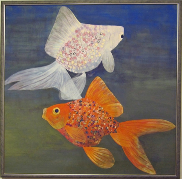 真作】掛軸 金魚図 優雅に泳ぐ赤金魚 日本画 涼やかな筆致 合箱