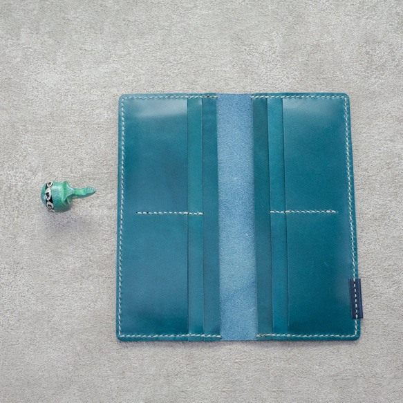 Be Twoの手作り革製品︱本革ロングクリップクラシックカードレイヤーロングクリップフル牛革レイクブルー財布財布手縫いとカスタマ 3枚目の画像