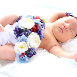 【マタニティサッシュベルト】サシュレマリンブルー妊婦さん赤ちゃん記念写真マタニティフォトを華やかにフラワーアレンジメント 7枚目の画像