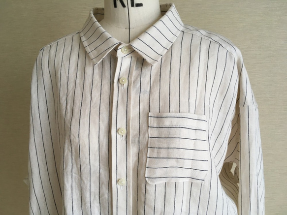 ゆるシャツ/リネン100%の白ストライプ(ssh00002) 4枚目の画像