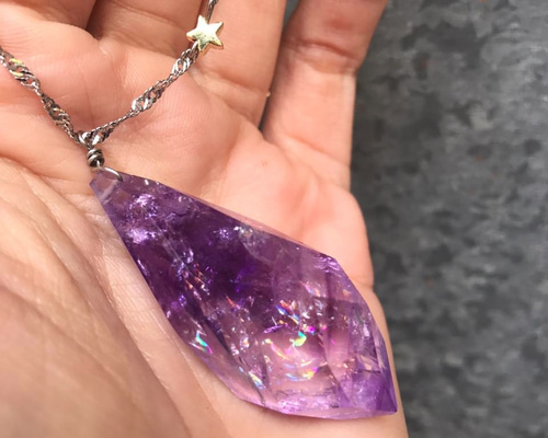 天然石 宇宙 星 虹 レインボークォーツ 紫水晶 アメジスト ネックレス