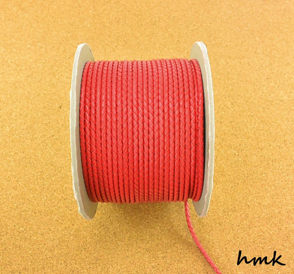 編み込み丸革紐 3mm×1m レッド  赤 革紐 レザーコード　 1枚目の画像