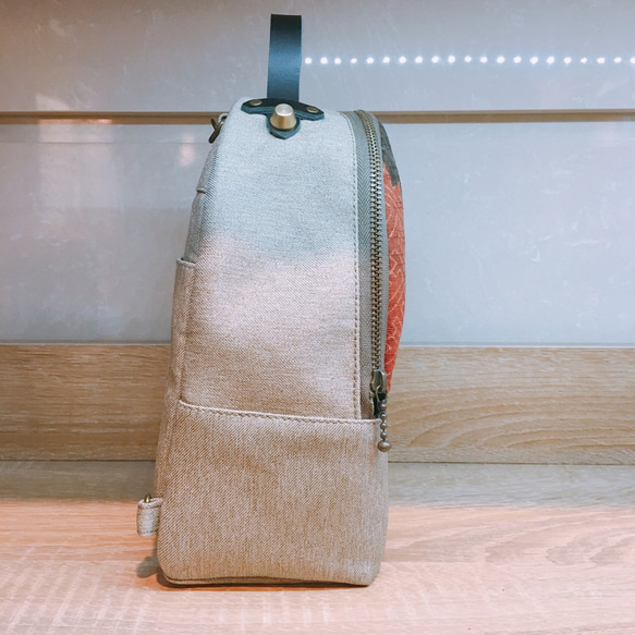 MINI冰箱小背包 [咖色調古布塊狀花布 卡其] 台灣創意設計手作 流行小包  後背 肩背 斜背 手拿 第3張的照片