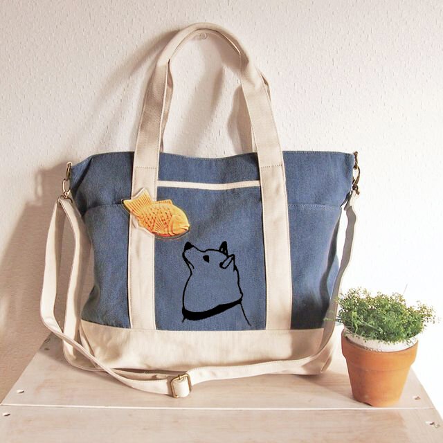 便利ファスナー ポケット 2WAYショルダートートバッグL帆布 柴犬 たい焼き スカイブルー