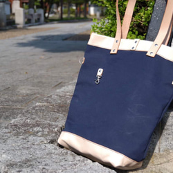 帆布×革  3way  A4対応 トートバック  ネイビー 1枚目の画像