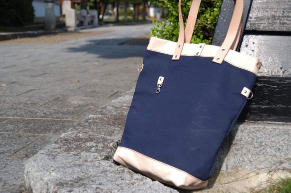 帆布×革  3way  A4対応 トートバック  ネイビー 1枚目の画像