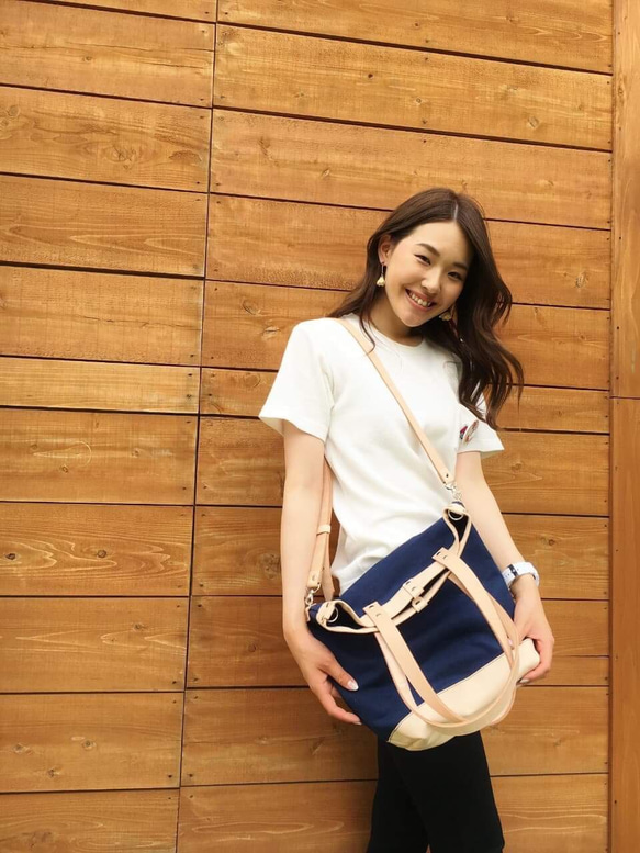 帆布×革  3way  A4対応 トートバック  ネイビー 3枚目の画像