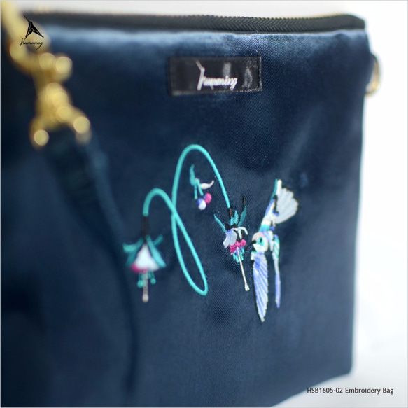 humming-Embroidery Bag- 鳥與彩帶花〈兩用刺繡鍊包〉-藍寶石 第5張的照片