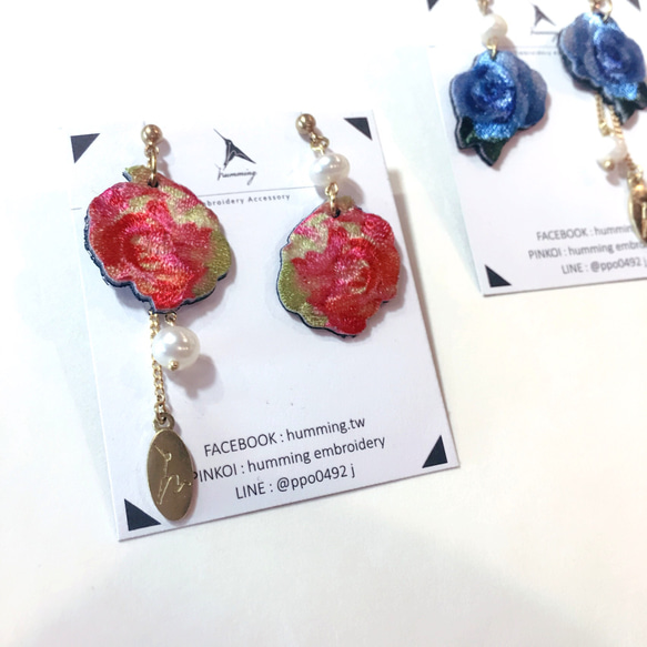 humming-Embroidery earrings 牡丹花〈刺繡耳環〉不鏽鋼耳針/ 可改夾式/花卉系列/ 第3張的照片