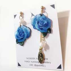 Humming-Embroidery earrings blue rose &lt;刺繍イヤリング&gt;ステンレスイヤーピン/ 2枚目の画像