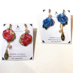 Humming-Embroidery earrings blue rose &lt;刺繍イヤリング&gt;ステンレスイヤーピン/ 4枚目の画像