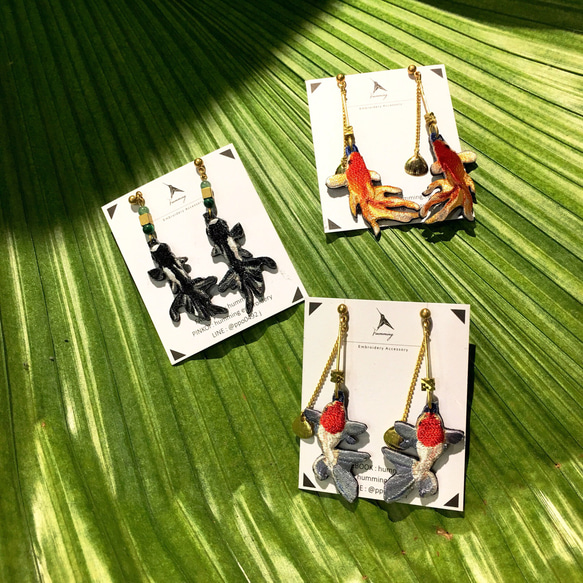humming-Embroidery earrings 熊貓蝶尾金魚〈刺繡耳環〉不鏽鋼耳針/ 可改夾式/水生系列/ 第3張的照片
