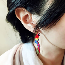 humming-緋紅金剛鸚鵡  Embroidery earrings 〈精緻刺繡耳環〉不鏽鋼耳針/ 可改夾式 第2張的照片