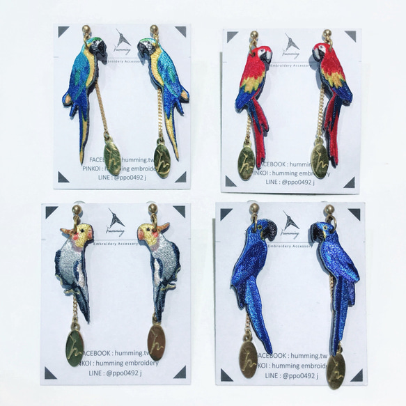 humming-緋紅金剛鸚鵡  Embroidery earrings 〈精緻刺繡耳環〉不鏽鋼耳針/ 可改夾式 第3張的照片