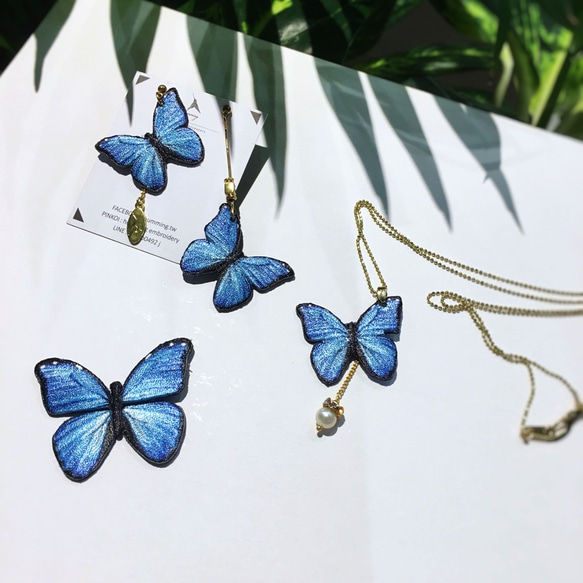 humming 大藍閃蝶 刺繡耳環 | 耳針 |夾式| 蝴蝶系列 第3張的照片