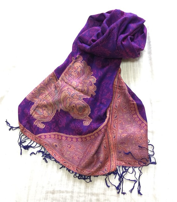 手織り シルクｘウール ストール カシミール ペイズリー　赤紫 群青 2枚目の画像