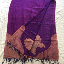 手織り シルクｘウール ストール カシミール ペイズリー　赤紫 群青 4枚目の画像