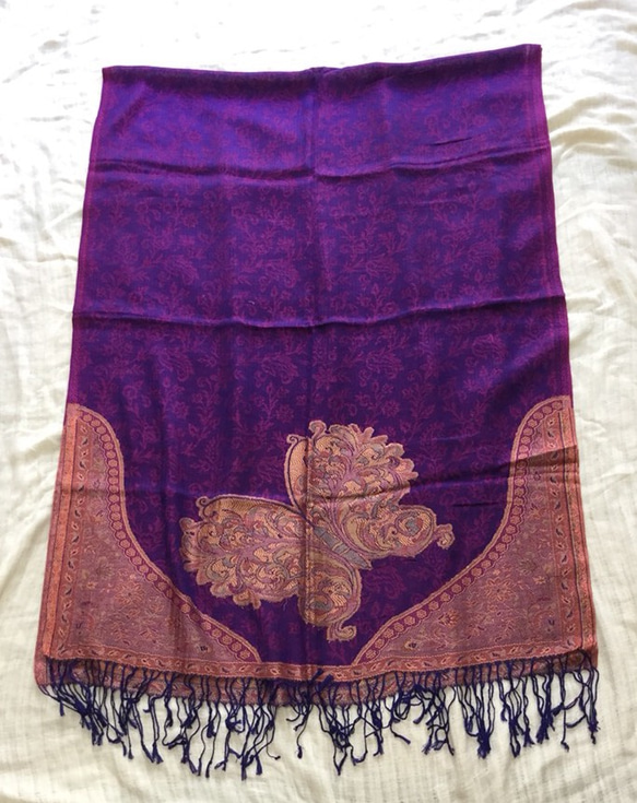 手織り シルクｘウール ストール カシミール ペイズリー　赤紫 群青 5枚目の画像