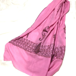 手織り＆手刺繍　シルクｘカシミア ストール カシミール ペイズリー　ピンク 3枚目の画像