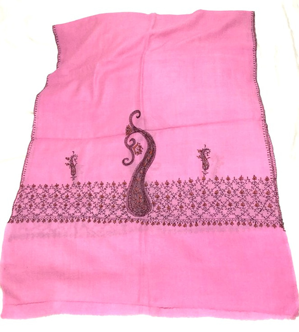 手織り＆手刺繍　シルクｘカシミア ストール カシミール ペイズリー　ピンク 5枚目の画像