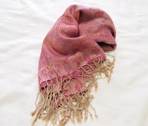 手織り シルクｘカシミア ストール カシミール ペイズリー　ピンク 2枚目の画像
