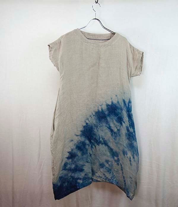 リネン二重ガーゼ藍染絞りワンピース