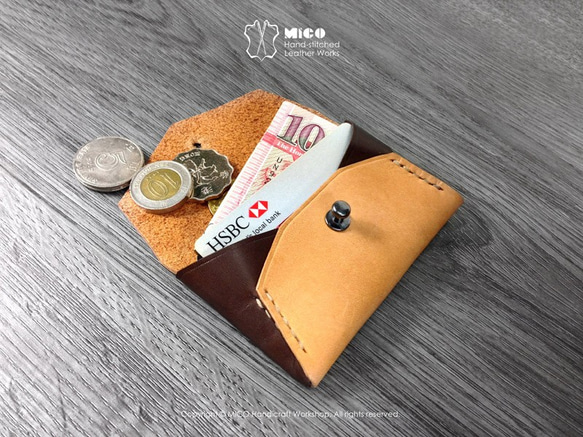 MICO 信封小皮夾 信用卡套 / 悠遊咭套 / 名片夾 / 銀包 / 零錢包 (淺茶拼焦茶) [接單訂製] 第5張的照片