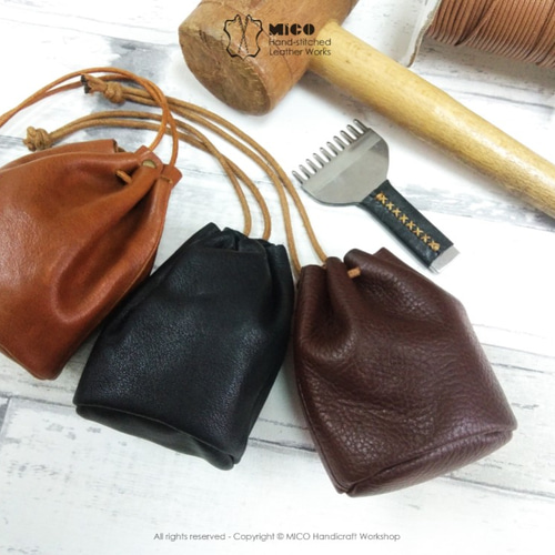 巾着　牛革 MICO タンブル牛革 本革 股下風巾着小銭入れ/保存袋【受注生産