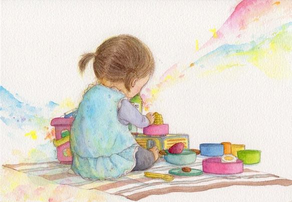 【なかよしこよし　好きなものに囲まれて】グラスアート　イラスト　水彩画　原画 好きに一生懸命（水彩イラスト原画・額無し） イラスト 絵描き