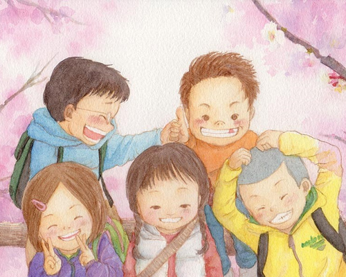 子供たちの笑顔 油彩画 2009年 笑顔（水彩イラスト原画・額無し） イラスト 絵描き マミコ 通販