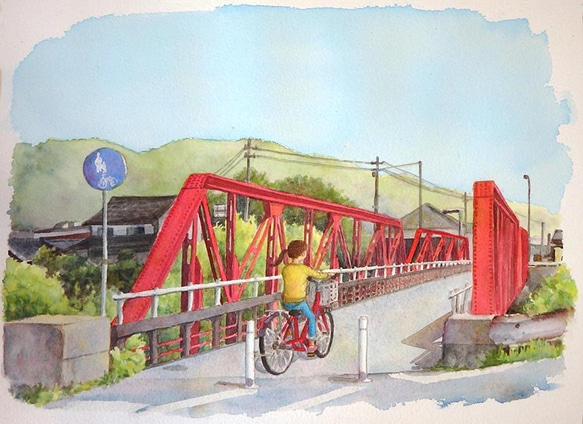 私の町のすてきみつけた～旧栄橋～（水彩イラスト原画・額無し） 1枚目の画像