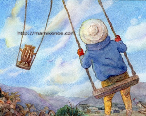 きみとブランコ（水彩イラスト原画・額無し） イラスト 絵描き マミコ