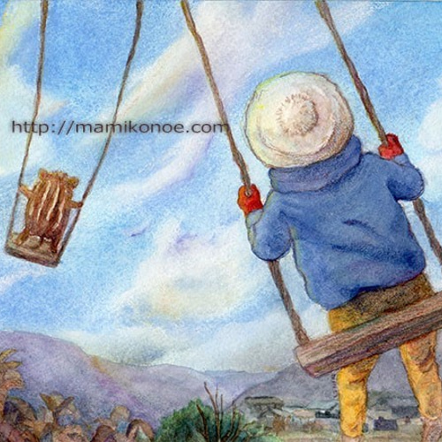 きみとブランコ（水彩イラスト原画・額無し） イラスト 絵描き マミコ