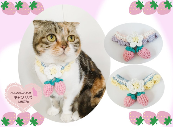 プッチ、春いちご(グリーン)わんちゃん猫ちゃん用襟付き首輪 プッチ様専用、春いちご(グリーン)わんちゃん猫ちゃん用襟付き首輪