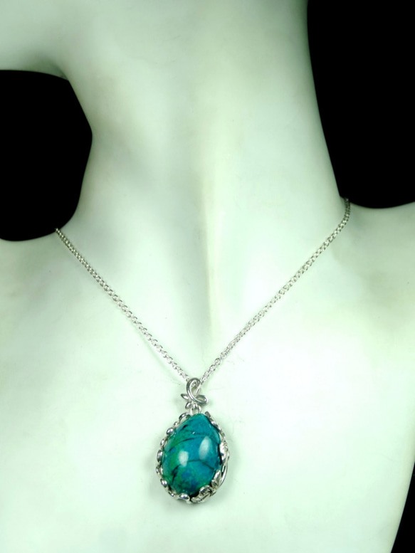 墜子 美國藍寶 鳳凰石(Chrysocolla) 銀(Silver) 項鍊 手工(Handmade) 寶石 設計 第10張的照片