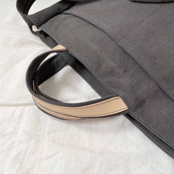 大人のこなれショルダーバッグ＊ウォッシュ帆布＋栃木レザー＊2way＊チャコール 8枚目の画像