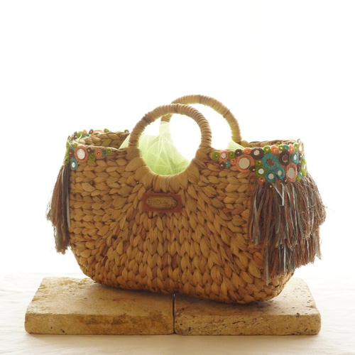 かごバック ミラー刺繍フリンジ付き Green かごバッグ rouille 通販